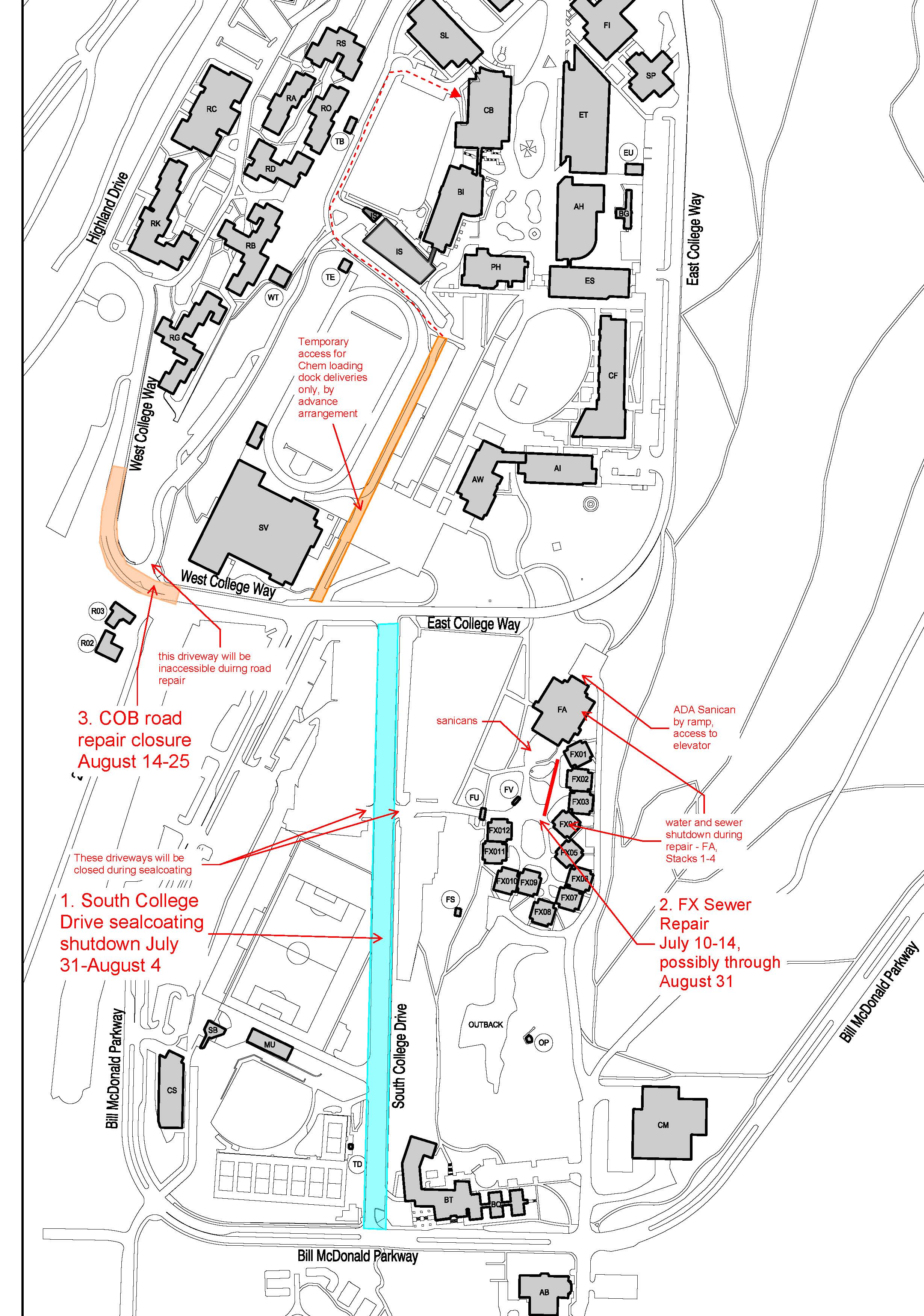 A map of campus with construction areas that are also listed above